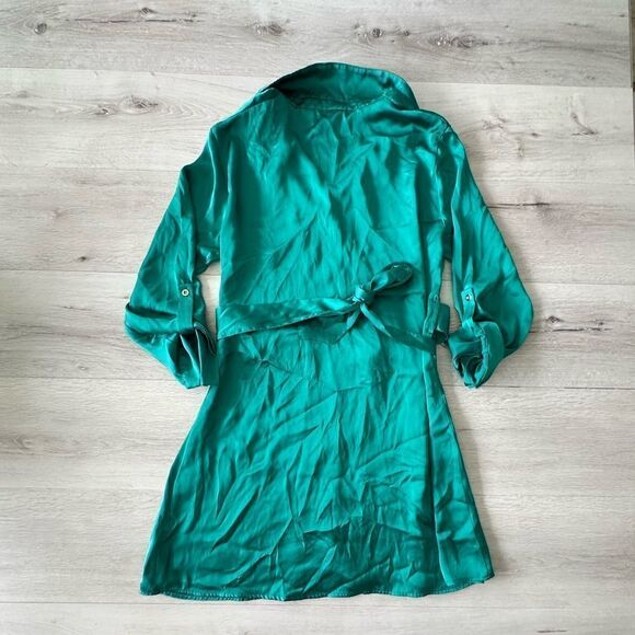 Zara Belted Satin Effect Shirt Dress Green S NWT - Picture 12 of 12